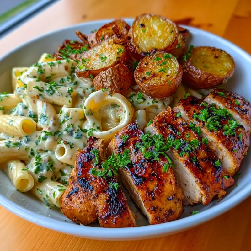 Grilled Chicken with Creamy Garlic Pasta & Crispy Roasted Potatoes
