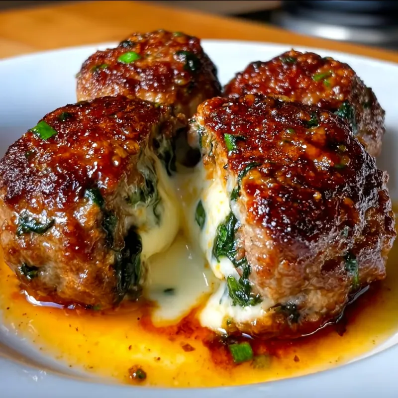 Spinach Garlic Meatballs Stuffed with Mozzarella