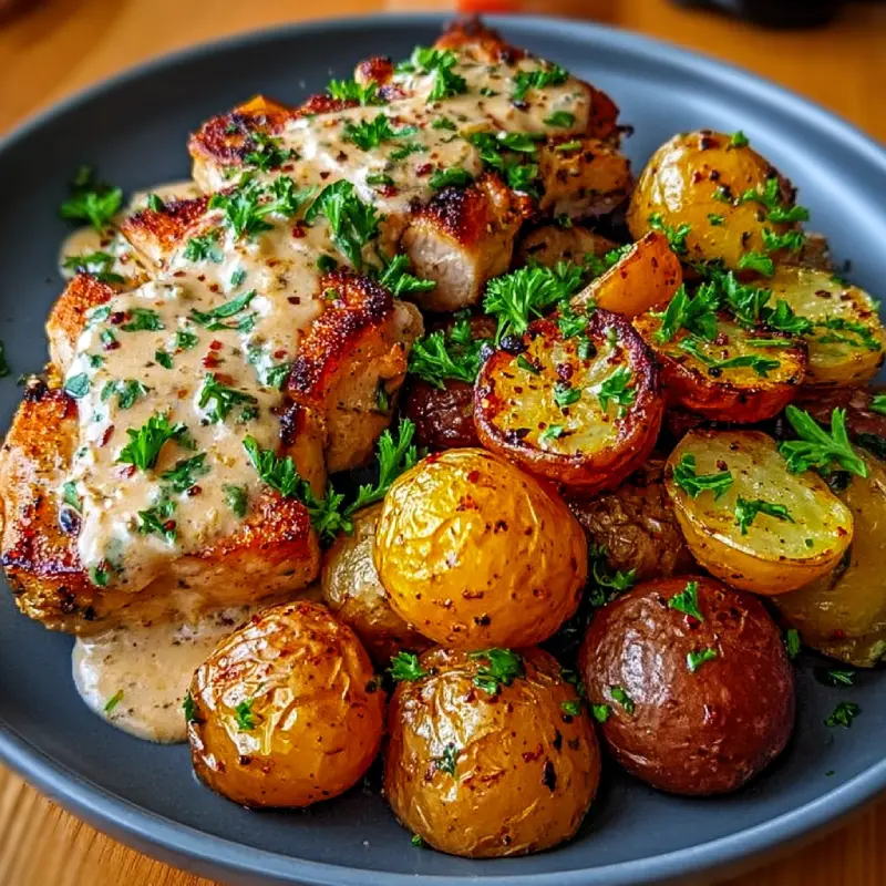 Creamy Garlic Chicken with Roasted Baby Potatoes
