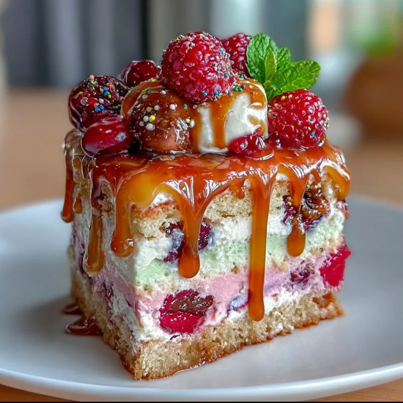 Rainbow Berry Layer Cake with Caramel Drizzle
