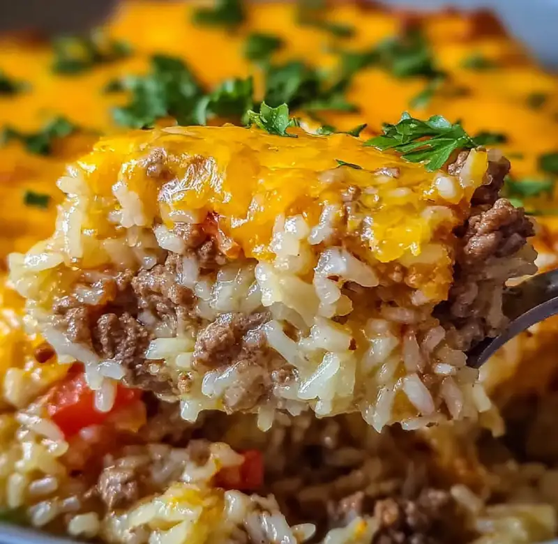 Cheesy Ground Beef & Rice Bake