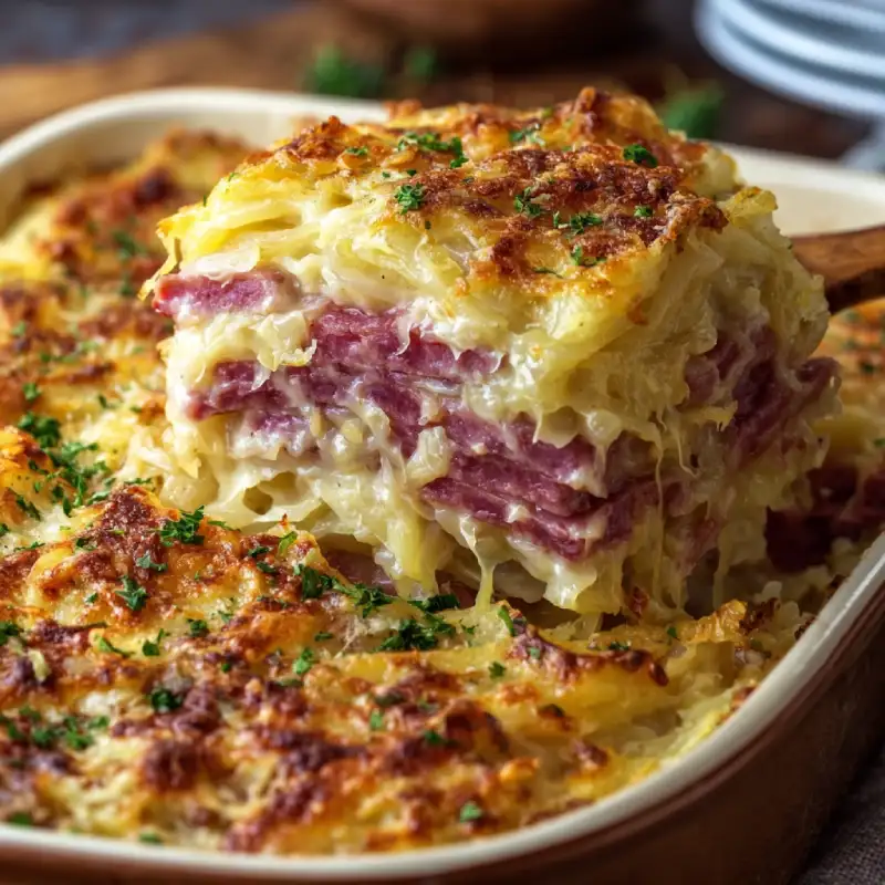 Creamy Corned Beef and Cabbage Parmesan Bake