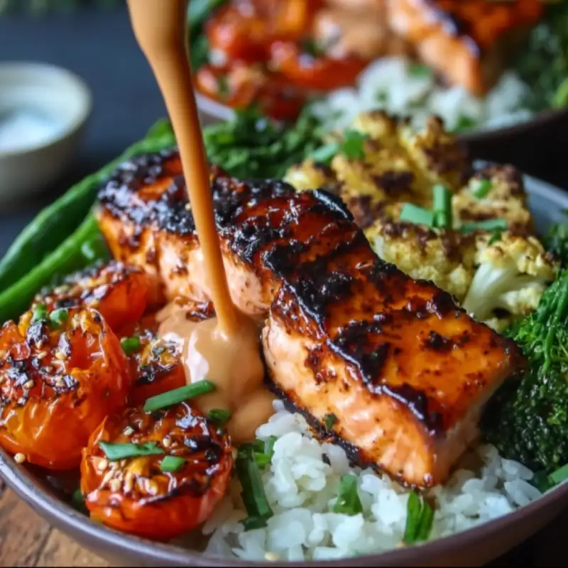 Sriracha Honey Glazed Salmon Bowls